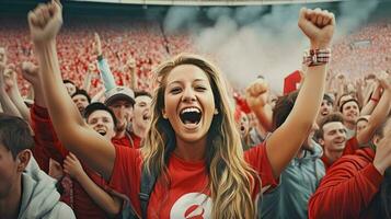 female soccer fan celebrating the victory of her team. Soccer woman. photo