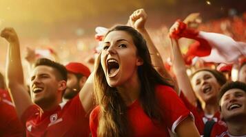 hembra fútbol ventilador celebrando el victoria de su equipo. fútbol mujer. foto