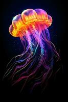 Glowing jellyfish swim deep in blue sea. Medusa neon jellyfish fantasy in space cosmos among stars photo