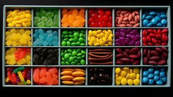 An assortment of different colored chewy candies in square trays. photo