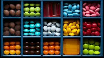 An assortment of different colored chewy candies in square trays. photo