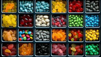 An assortment of different colored chewy candies in square trays. photo