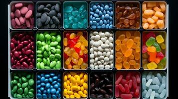 An assortment of different colored chewy candies in square trays. photo