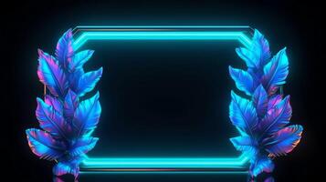 realistic leaves with neon frame background. photo