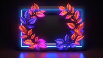 realistic leaves with neon frame background. photo