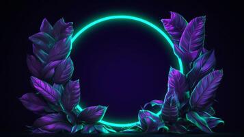 realistic leaves with neon frame background. photo