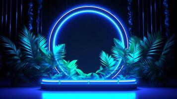 realistic leaves with neon frame background. photo