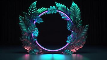 realistic leaves with neon frame background. photo