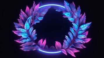 realistic leaves with neon frame background. photo