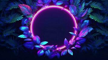 realistic leaves with neon frame background. ai generated photo