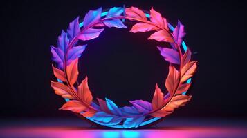 realistic leaves with neon frame background. ai generated photo