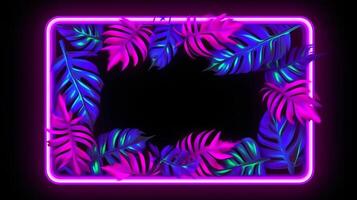 realistic leaves with neon frame background. photo
