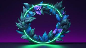 realistic leaves with neon frame background. photo