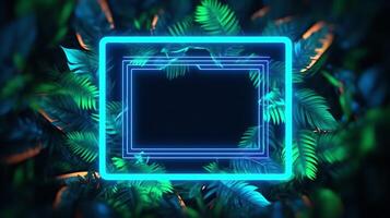 realistic leaves with neon frame background. ai generated photo