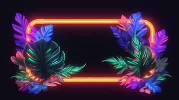 realistic leaves with neon frame background. photo