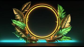 realistic leaves with neon frame background. photo