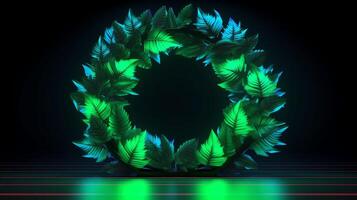 realistic leaves with neon frame background. photo