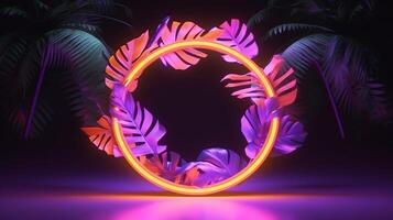 realistic leaves with neon frame background. photo