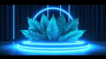 realistic leaves with neon frame background. photo