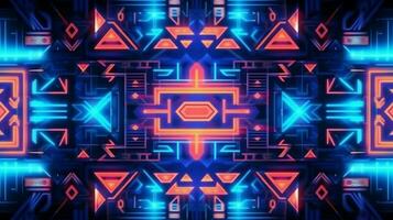 Abstract neon light glowing lines,aztec mayan style pattern design illustration . ai generated photo