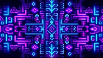 Abstract neon light glowing lines,aztec mayan style pattern design illustration . ai generated photo