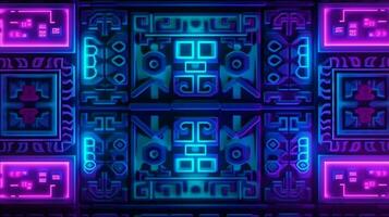 Abstract neon light glowing lines,aztec mayan style pattern design illustration . ai generated photo