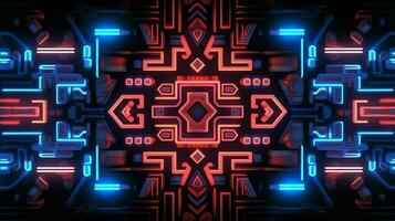 Abstract neon light glowing lines,aztec mayan style pattern design illustration . ai generated photo