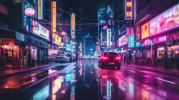 Cyber punk night city landscape concept. Light glowing on dark scene. Night life.Beyond generation and futuristic of Sci-Fi Capital city and building scene. ai generated photo