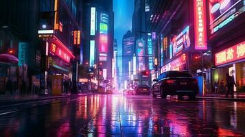 Cyber punk night city landscape concept. Light glowing on dark scene. Night life.Beyond generation and futuristic of Sci-Fi Capital city and building scene. ai generated photo