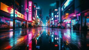 Night scene of after rain city in cyberpunk style, futuristic nostalgic 80s, 90s. Neon lights vibrant colors, photorealistic horizontal illustration. ai generated photo