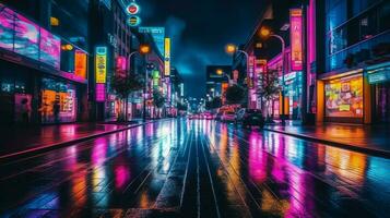 Night scene of after rain city in cyberpunk style, futuristic nostalgic 80s, 90s. Neon lights vibrant colors, photorealistic horizontal illustration. ai generated photo