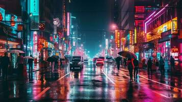 noche escena de después lluvia ciudad en cyberpunk estilo, futurista nostálgico años 80, años 90 neón luces vibrante colores, fotorrealista horizontal ilustración. ai generado foto