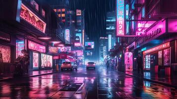 noche escena de después lluvia ciudad en cyberpunk estilo, futurista nostálgico años 80, años 90 neón luces vibrante colores, fotorrealista horizontal ilustración. ai generado foto