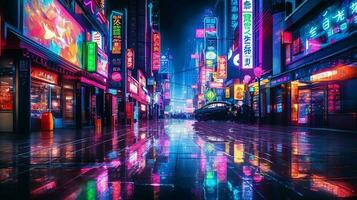 Night scene of after rain city in cyberpunk style, futuristic nostalgic 80s, 90s. Neon lights vibrant colors, photorealistic horizontal illustration. ai generated photo