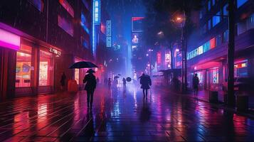 Night scene of after rain city in cyberpunk style, futuristic nostalgic 80s, 90s. Neon lights vibrant colors, photorealistic horizontal illustration. ai generated photo