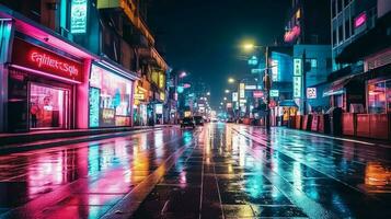 Night scene of after rain city in cyberpunk style, futuristic nostalgic 80s, 90s. Neon lights vibrant colors, photorealistic horizontal illustration. ai generated photo