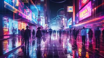 Night scene of after rain city in cyberpunk style, futuristic nostalgic 80s, 90s. Neon lights vibrant colors, photorealistic horizontal illustration. ai generated photo