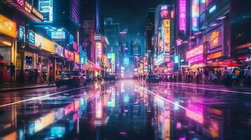 noche escena de después lluvia ciudad en cyberpunk estilo, futurista nostálgico años 80, años 90 neón luces vibrante colores, fotorrealista horizontal ilustración. ai generado foto