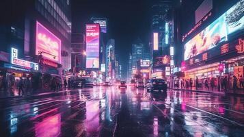 Night scene of after rain city in cyberpunk style, futuristic nostalgic 80s, 90s. Neon lights vibrant colors, photorealistic horizontal illustration. ai generated photo