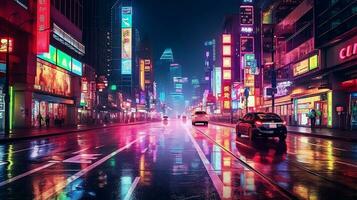 noche escena de después lluvia ciudad en cyberpunk estilo, futurista nostálgico años 80, años 90 neón luces vibrante colores, fotorrealista horizontal ilustración. ai generado foto