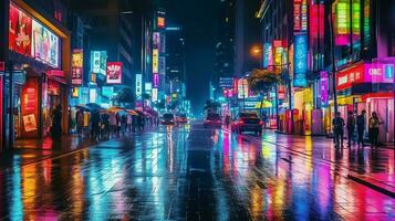 Night scene of after rain city in cyberpunk style, futuristic nostalgic 80s, 90s. Neon lights vibrant colors, photorealistic horizontal illustration. ai generated photo