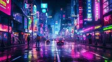 Night scene of after rain city in cyberpunk style, futuristic nostalgic 80s, 90s. Neon lights vibrant colors, photorealistic horizontal illustration. ai generated photo