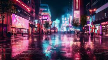 Night scene of after rain city in cyberpunk style, futuristic nostalgic 80s, 90s. Neon lights vibrant colors, photorealistic horizontal illustration. ai generated photo