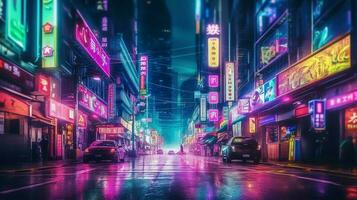 Night scene of after rain city in cyberpunk style, futuristic nostalgic 80s, 90s. Neon lights vibrant colors, photorealistic horizontal illustration. ai generated photo