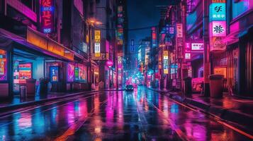 Night scene of after rain city in cyberpunk style, futuristic nostalgic 80s, 90s. Neon lights vibrant colors, photorealistic horizontal illustration. ai generated photo