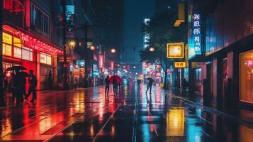 Night scene of after rain city in cyberpunk style, futuristic nostalgic 80s, 90s. Neon lights vibrant colors, photorealistic horizontal illustration. ai generated photo