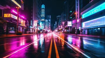 Night scene of after rain city in cyberpunk style, futuristic nostalgic 80s, 90s. Neon lights vibrant colors, photorealistic horizontal illustration. ai generated photo