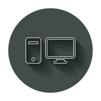 Computer vector illustration in line style. Monitor flat icon with long shadow.