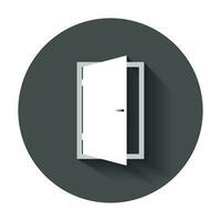 Door vector icon. Exit icon. Open door illustration with long shadow.