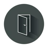 Door vector icon in line style. Exit icon. Open door illustration with long shadow.
